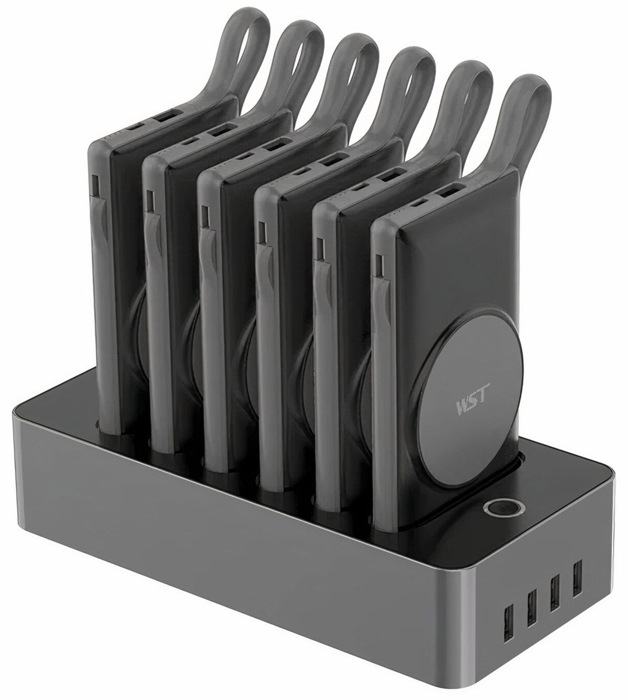 WST 6-in-1 Power Bank Station with six 10,000mAh batteries and wireless charging in black, available in Qatar. WST 6-in-1 Power Bank Station with six 10,000mAh batteries and wireless charging in black, available in Qatar.